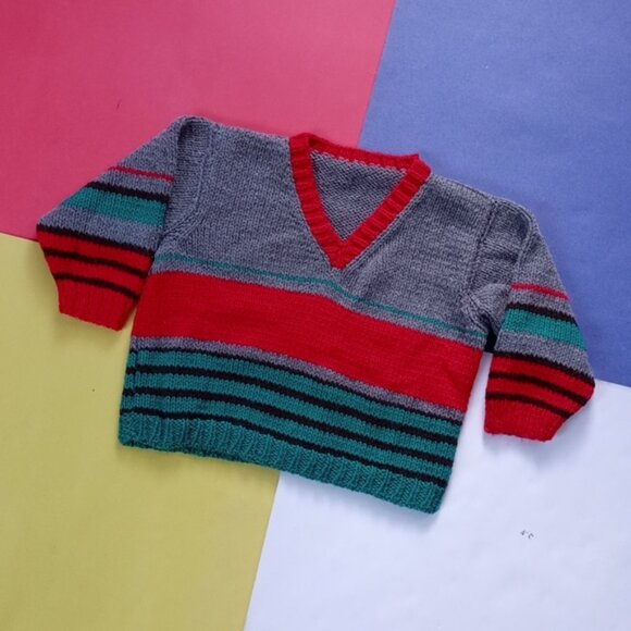 Vintage Kids Essential Knitted Striped V-Neck Sweater - Picture 1 of 6